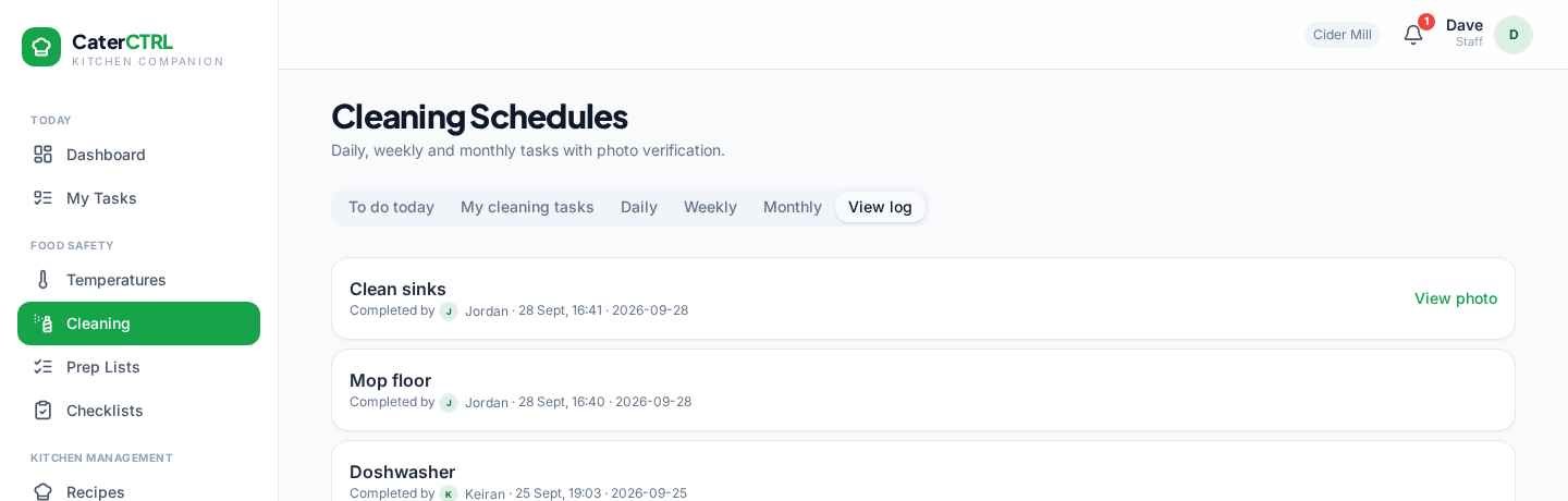 CaterCTRL cleaning log — completed tasks with who completed them and photo evidence links