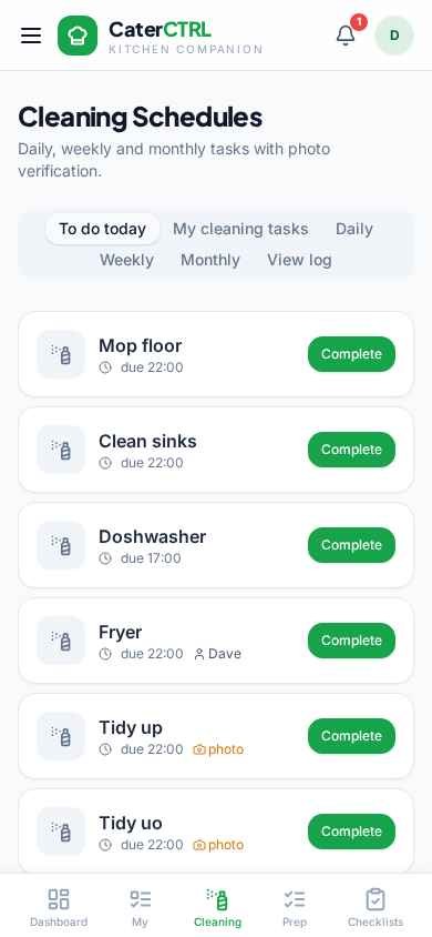 CaterCTRL cleaning list on a phone