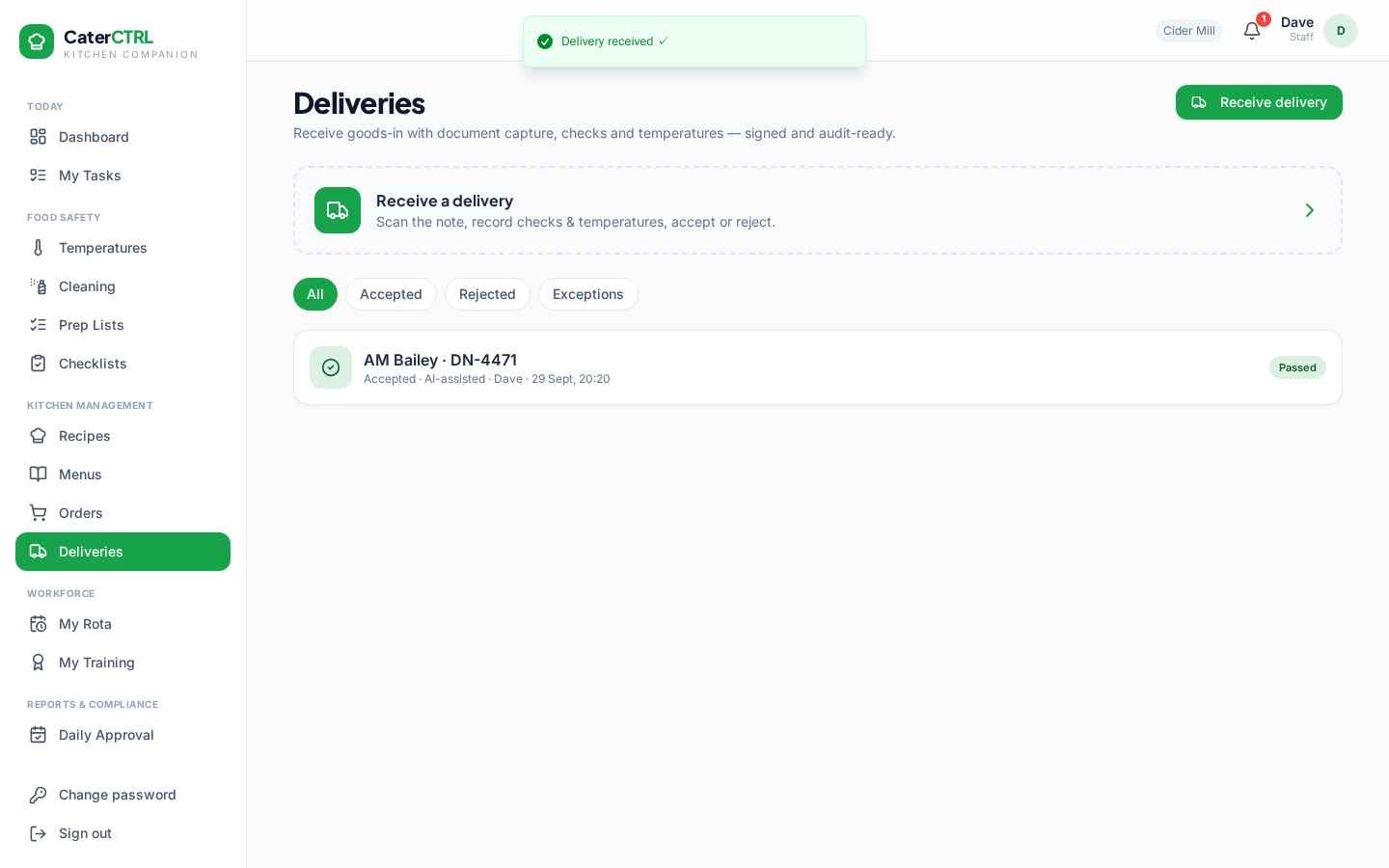 CaterCTRL deliveries — an accepted, AI-assisted delivery with checks recorded