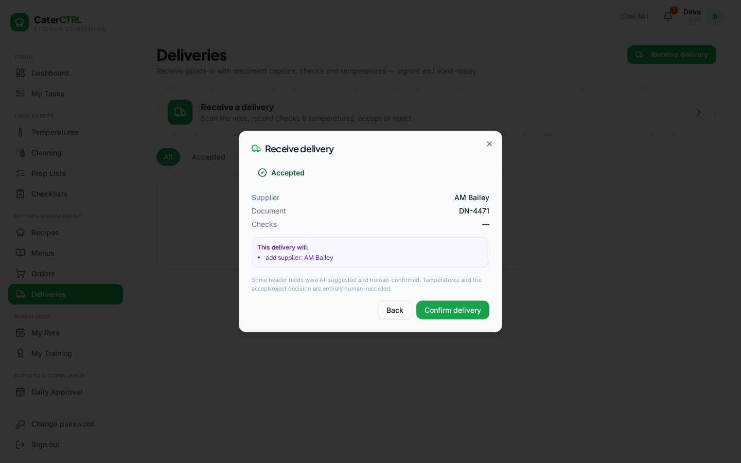 Delivery review in CaterCTRL — AI-suggested header fields marked as human-confirmed before accepting
