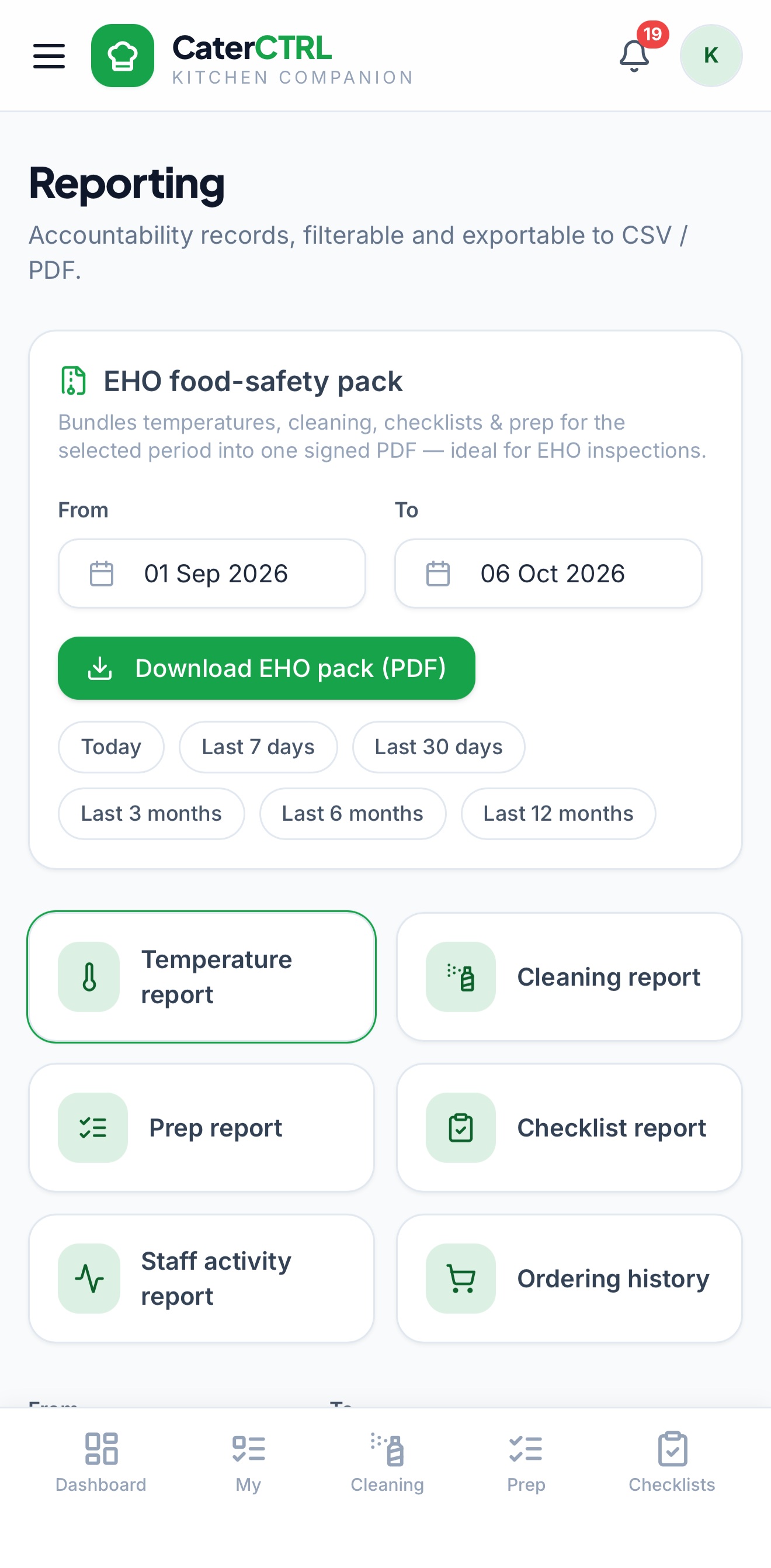CaterCTRL reporting on a phone, with temperature, cleaning, prep and checklist reports and an EHO pack download