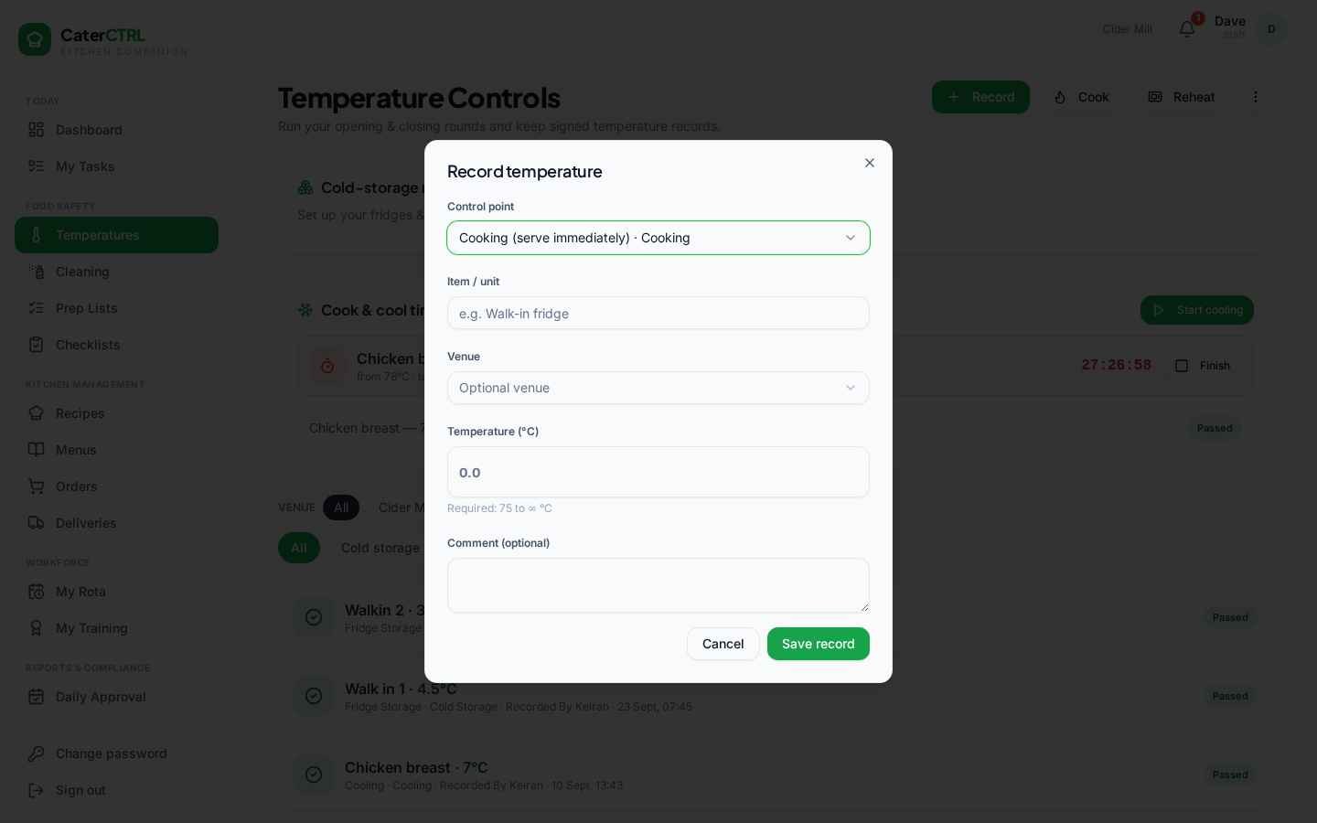 Recording a temperature in CaterCTRL — control point, item and required range