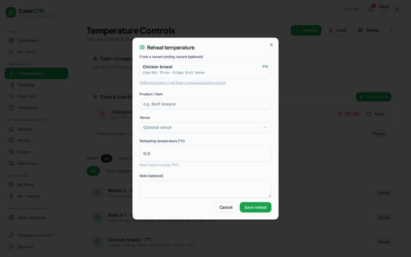 Reheat workflow in CaterCTRL — linked to the original cooling record