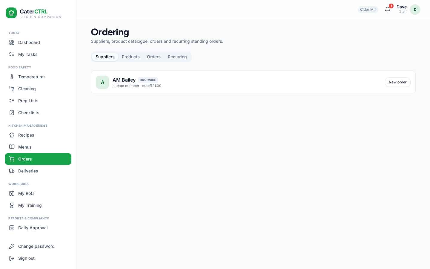 CaterCTRL ordering — suppliers, product catalogue, orders and recurring standing orders in one place