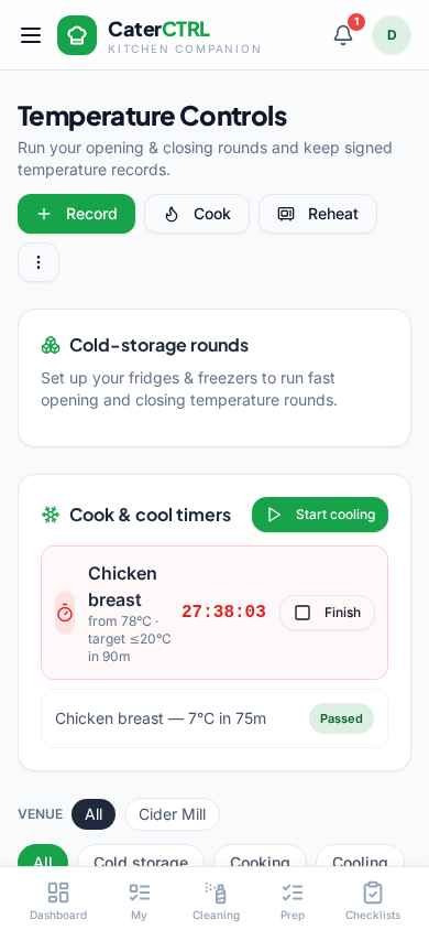 CaterCTRL on a phone — temperature controls with cook and cool timers