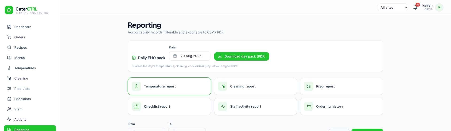 CaterCTRL reporting with daily EHO pack export
