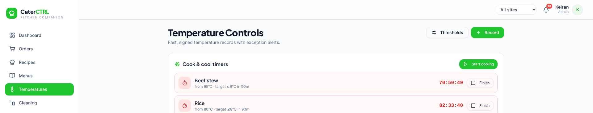 CaterCTRL temperature controls with cook and cool timers and signed records